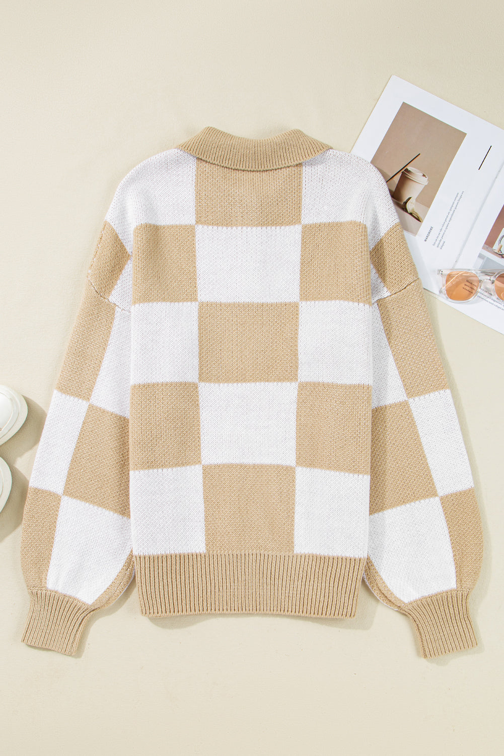 Grapefruit Orange Checkered V-Neck Collared Pullover Sweater