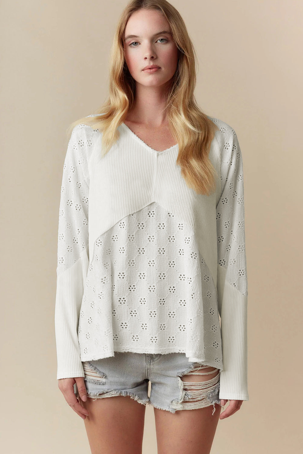 White Twisted Rib Patchwork Floral Embroidered Loose Long Sleeve Top