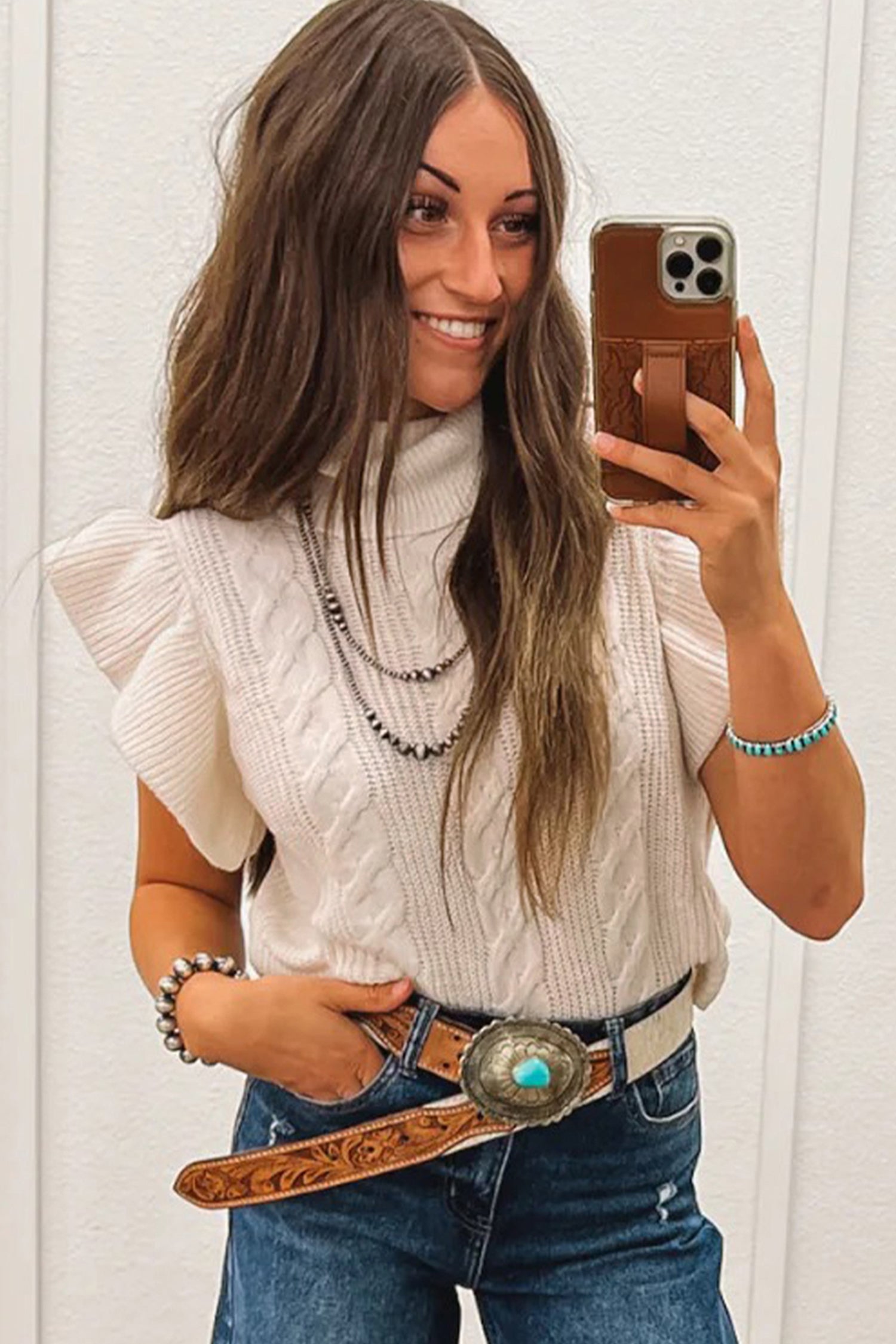 Suéter de manga corta con volantes y cuello alto de punto cable Jet Stream