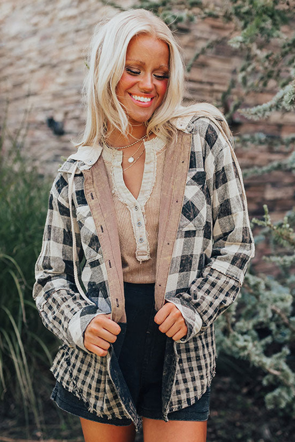 Black Plaid Patchwork Drawstring Hooded Raw Hem Shacket