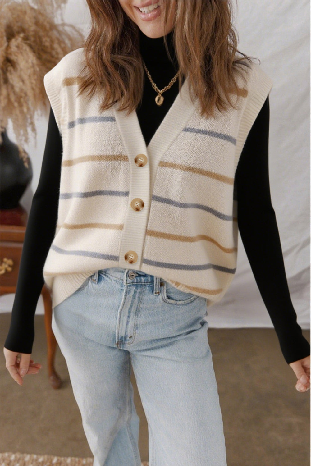 Multicolour Striped Print Button V Neck Knit Vest