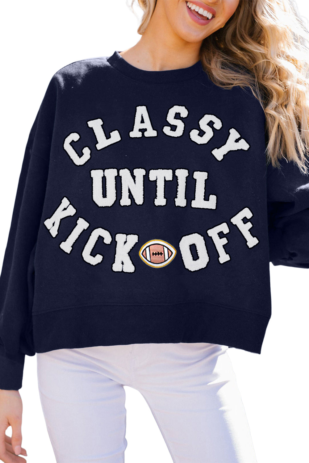 Black CLASSY UNTIL KICKOFF Plush Letter Patched Loose Sweatshirt