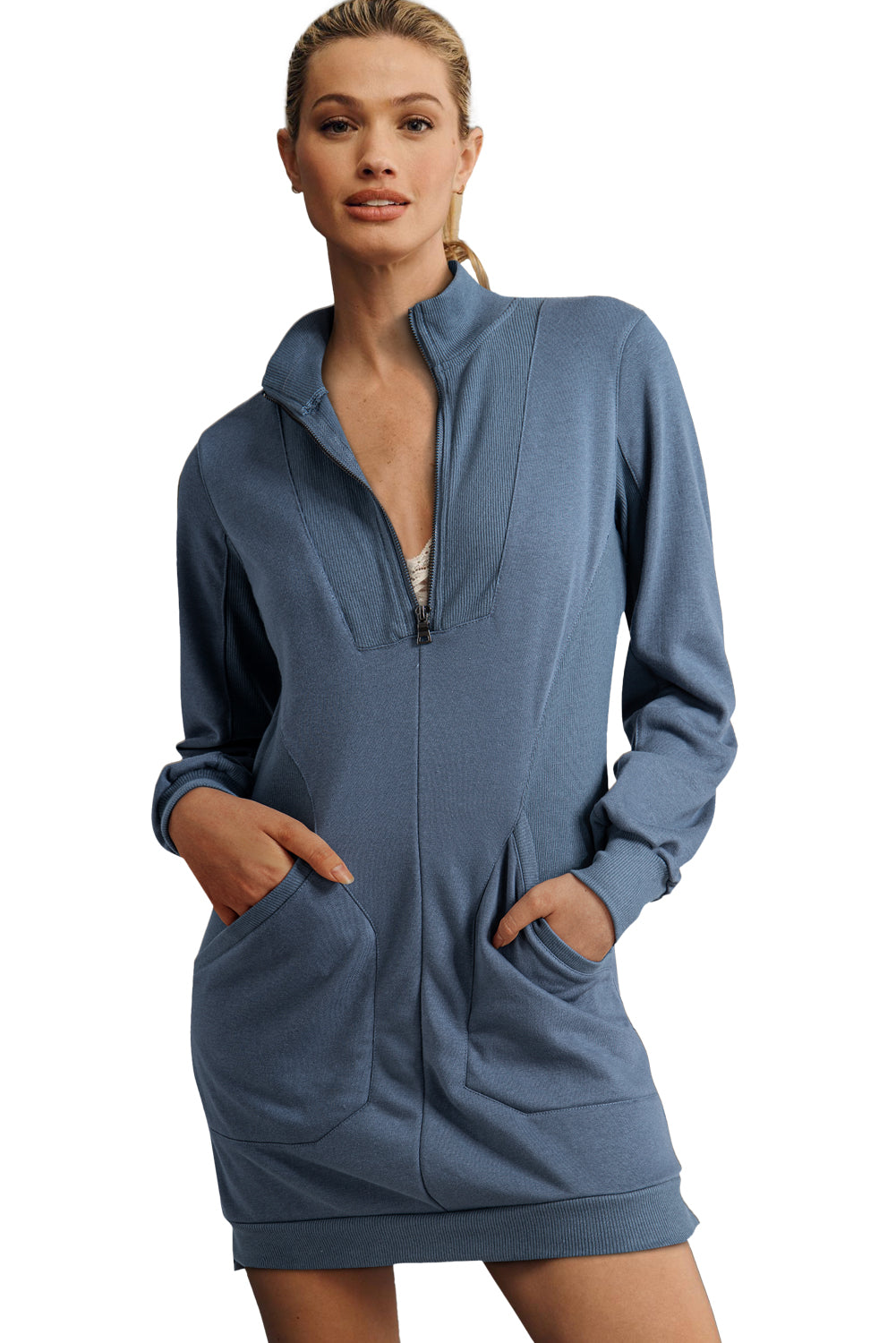 Ivy Zip up Collared Ribbed Patchwork Sweatshirt Dress with Pockets