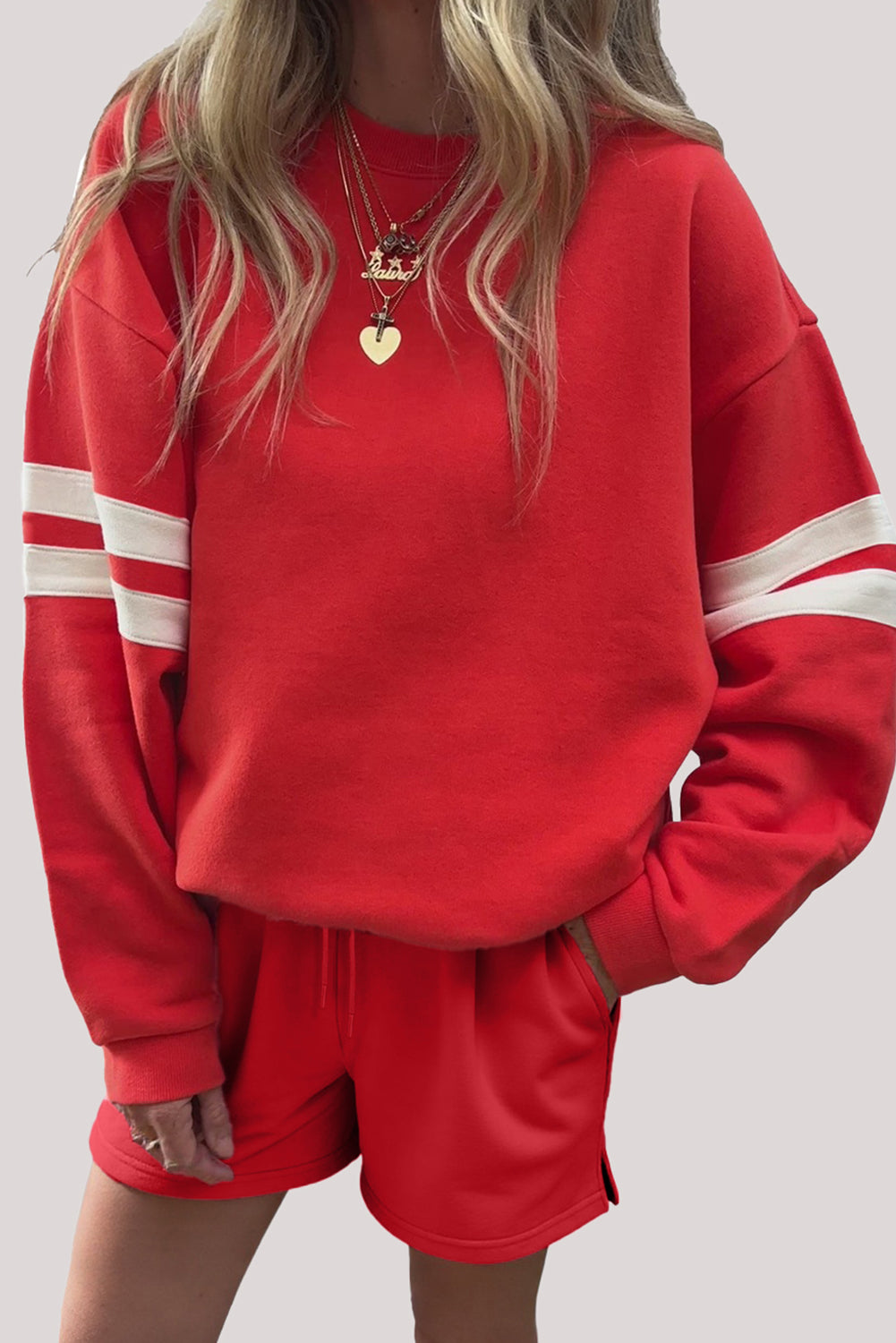 Fiery Red Varsity Striped Sleeve Drop Shoulder Sweatshirt and Shorts Set
