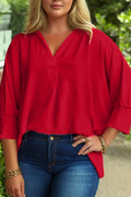 Blouse tunique oversize rouge flamboyant à poignets froncés et col dolman, grande taille