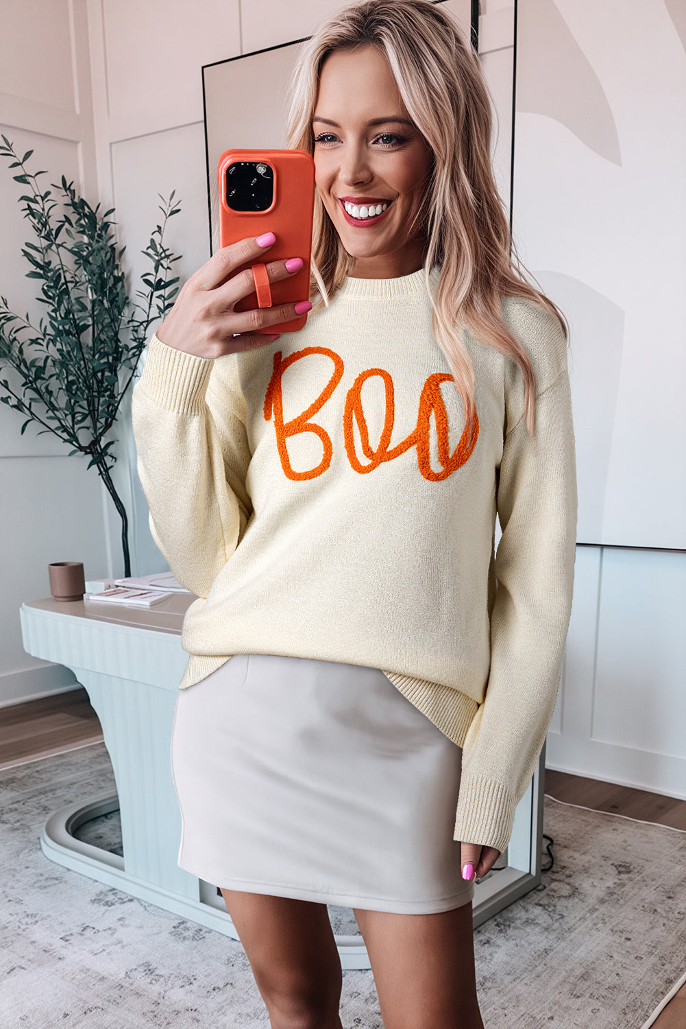Apricot Halloween Boo Drop Shoulder Knit Sweater