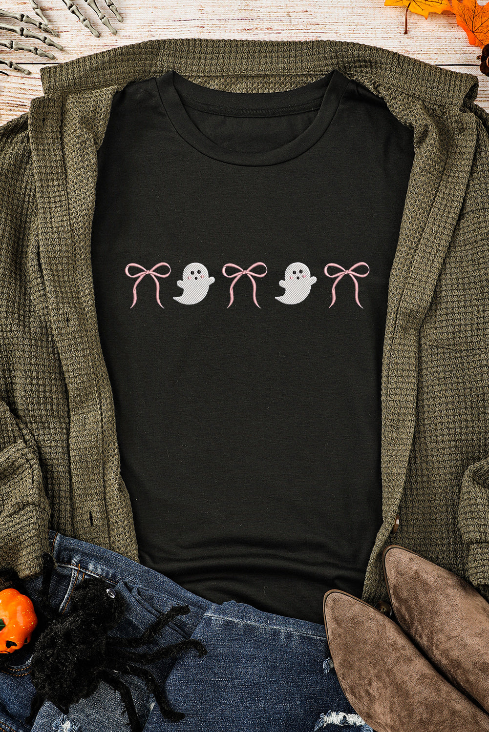Black Halloween Ghost Bow Embroidered Loose T Shirt