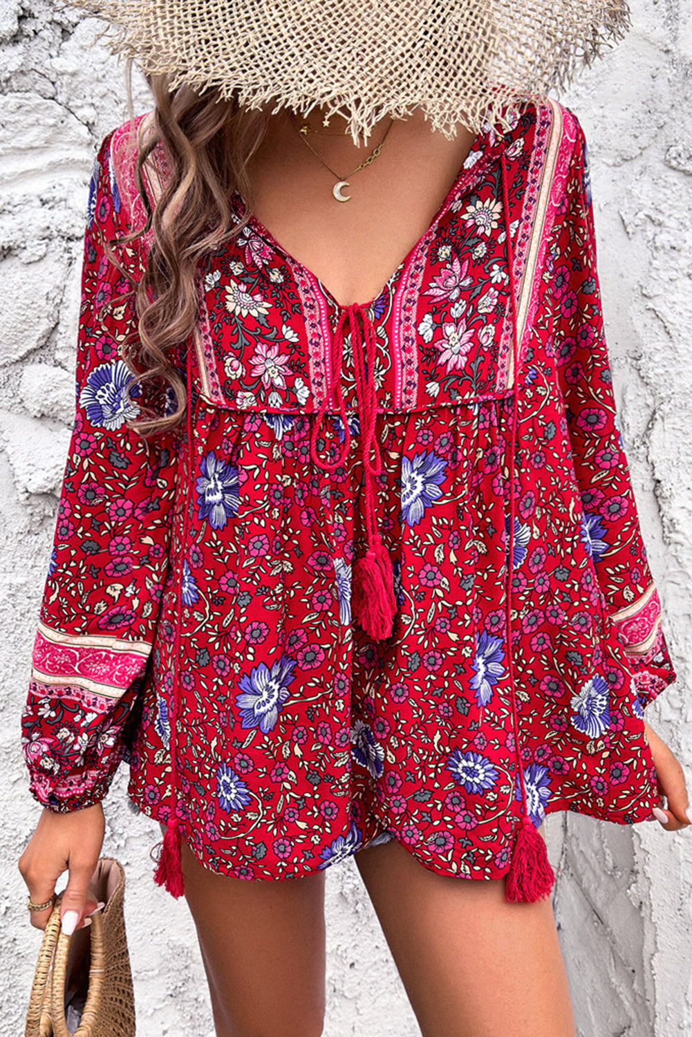 Blue Ethnic Print Tassel Tie Front Blouse