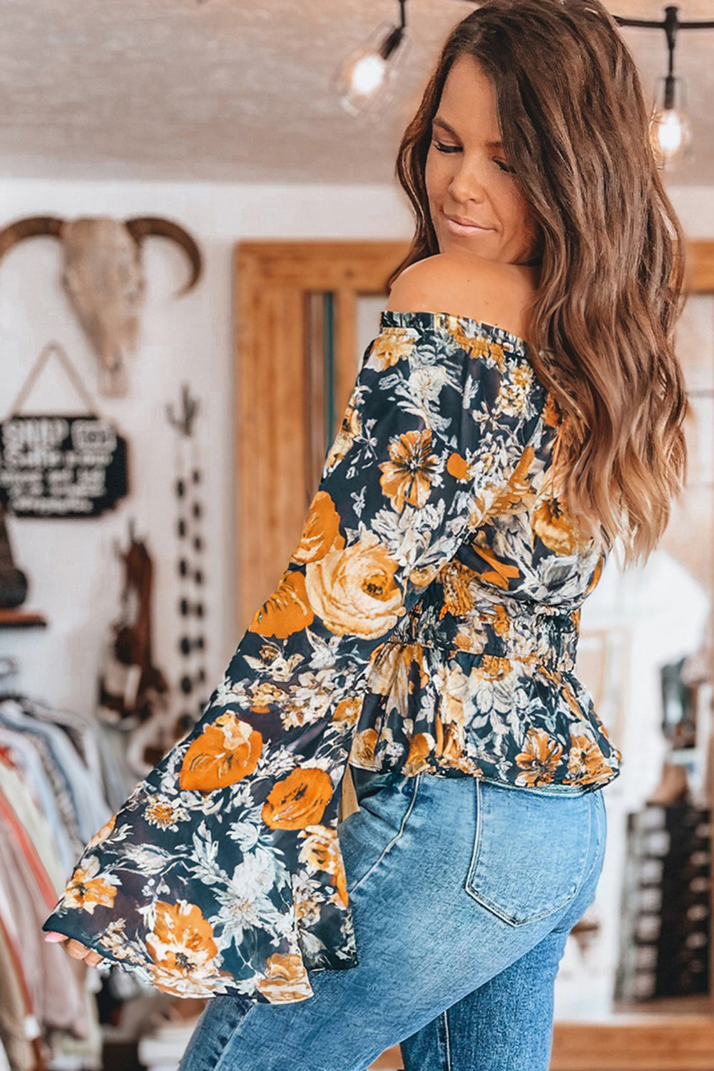 Blue Floral Off Shoulder Bell Sleeve Smocked Peplum Top