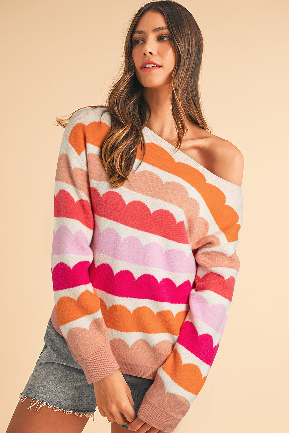 Rose Red Wave Striped Balloon Sleeve Drop Shoulder Sweater