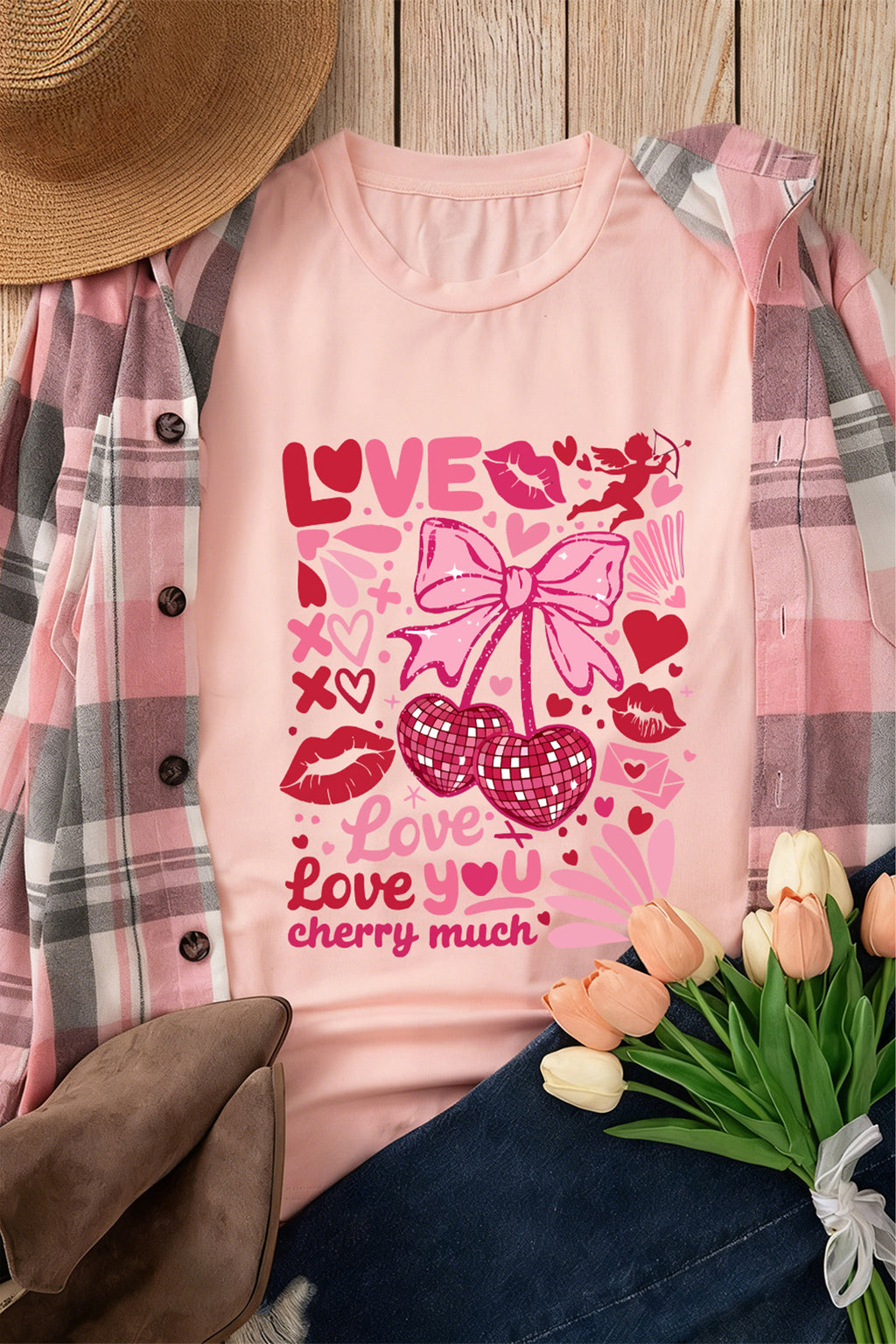 T-shirt graphique rose « Je t'aime beaucoup » pour la Saint-Valentin
