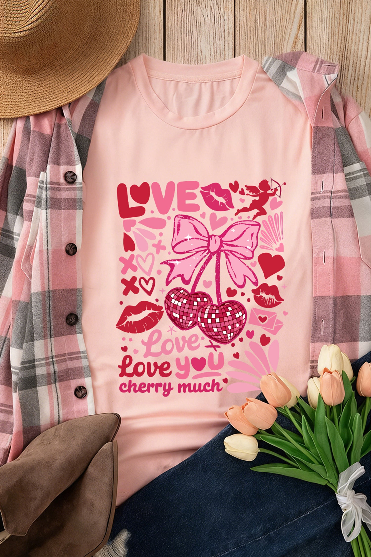 T-shirt graphique rose « Je t'aime beaucoup » pour la Saint-Valentin