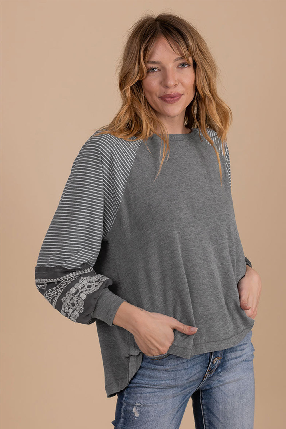 Medium Grey Contrast Print Striped Raglan Long Sleeve Loose Top