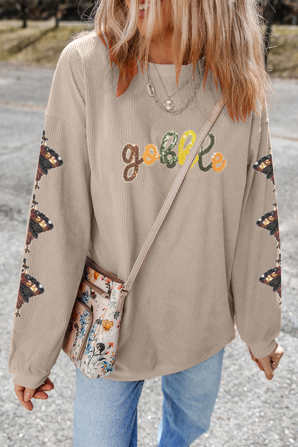 Smoke Gray gobble Turkey Sleeve Sequins Patch Corded Baggy Sweatshirt