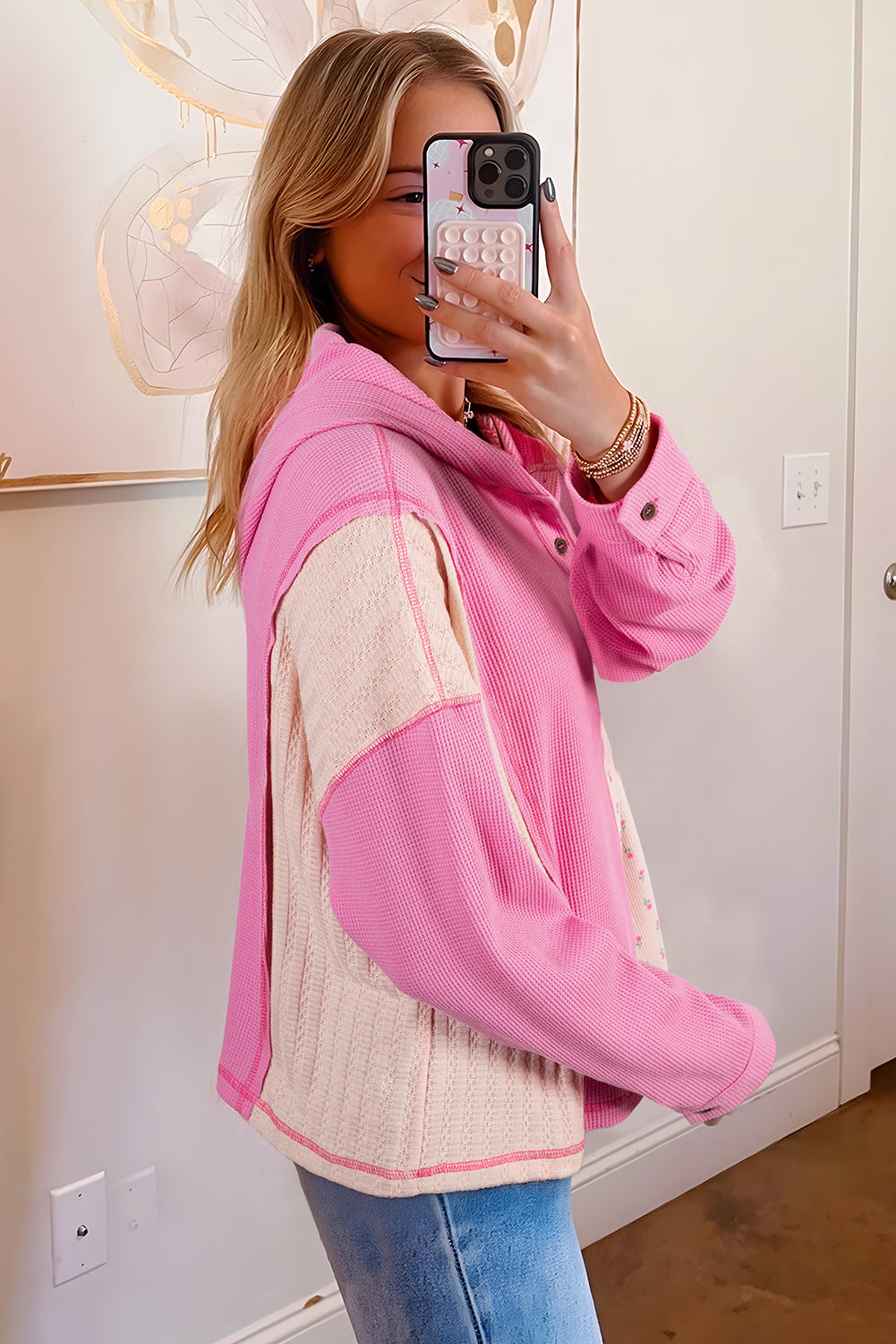 Pink Mixed Texture Waffle Floral Patchwork Hooded Oversized Pullover Top