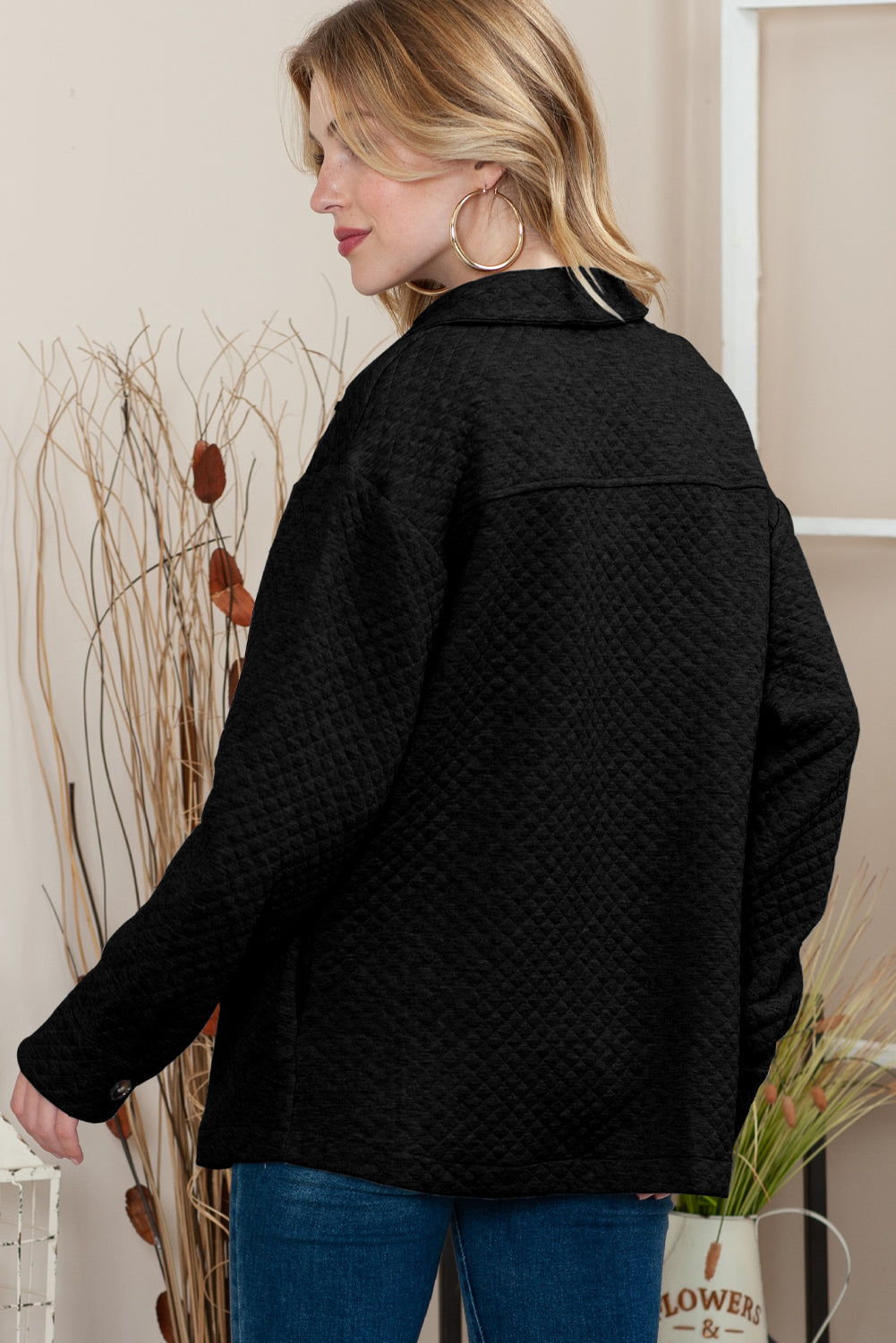 Veste matelassée à boutons et à rabat rétro à texture treillis grise