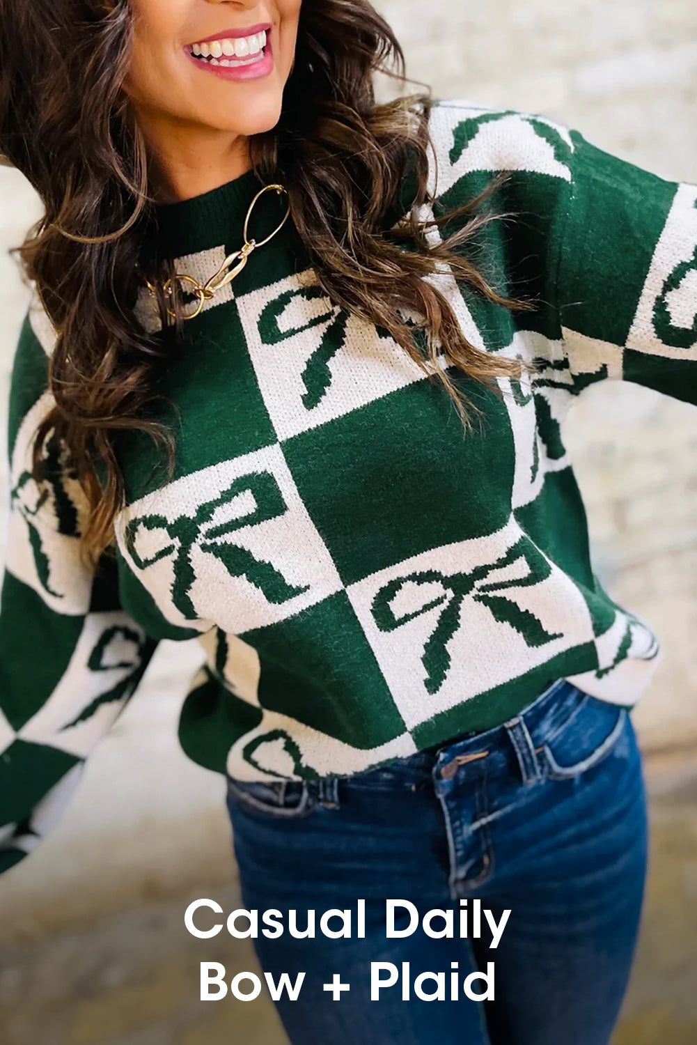 Pull en maille à carreaux vert foncé avec nœud papillon