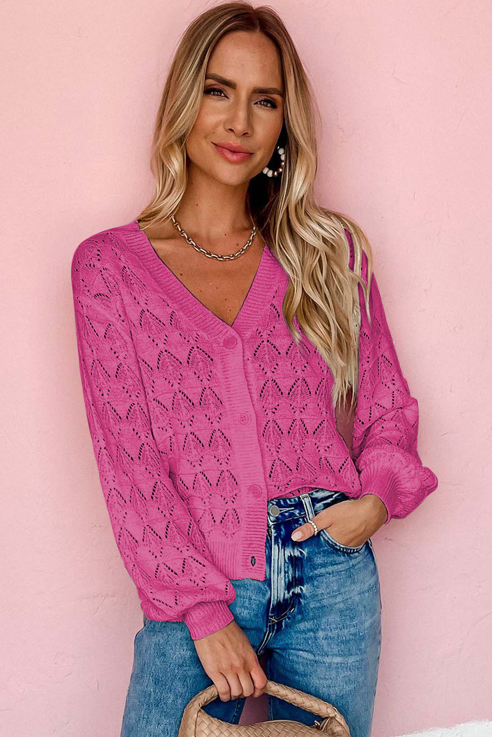 Rose Lightweight Buttoned Front Crochet Cardigan