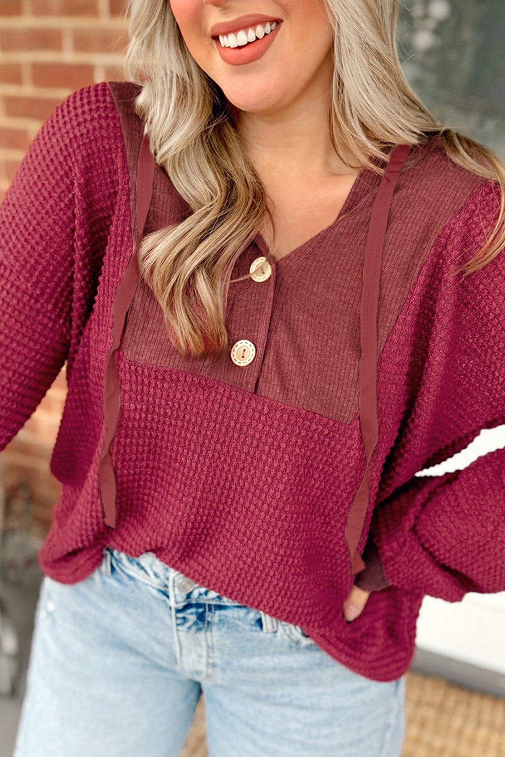 Racing Red Waffle Patchwork Drop Shoulder Hooded Long Sleeve Top