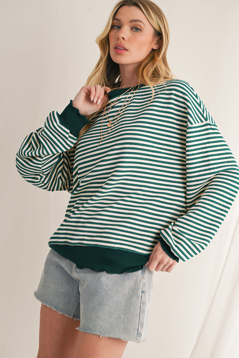 Black Stripe Drop Shoulder Long Sleeve Top