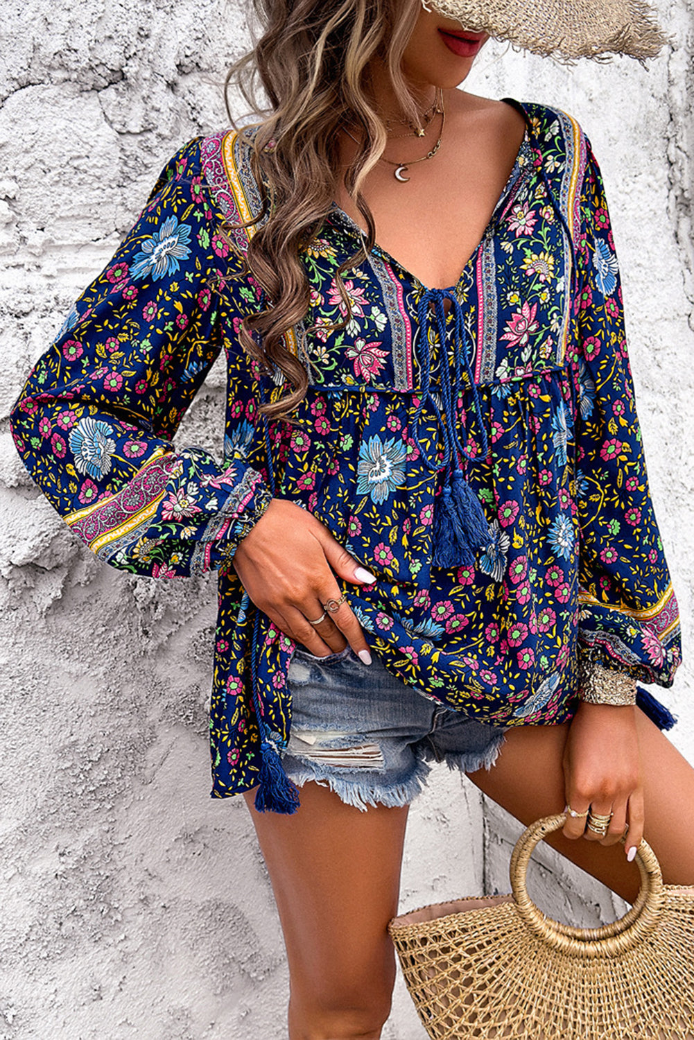 Blue Ethnic Print Tassel Tie Front Blouse