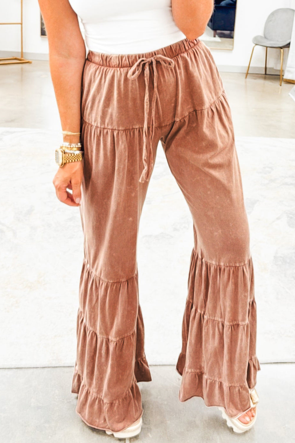 Straw Yellow Mineral Wash Lace-up High Waist Tiered Flared Pants