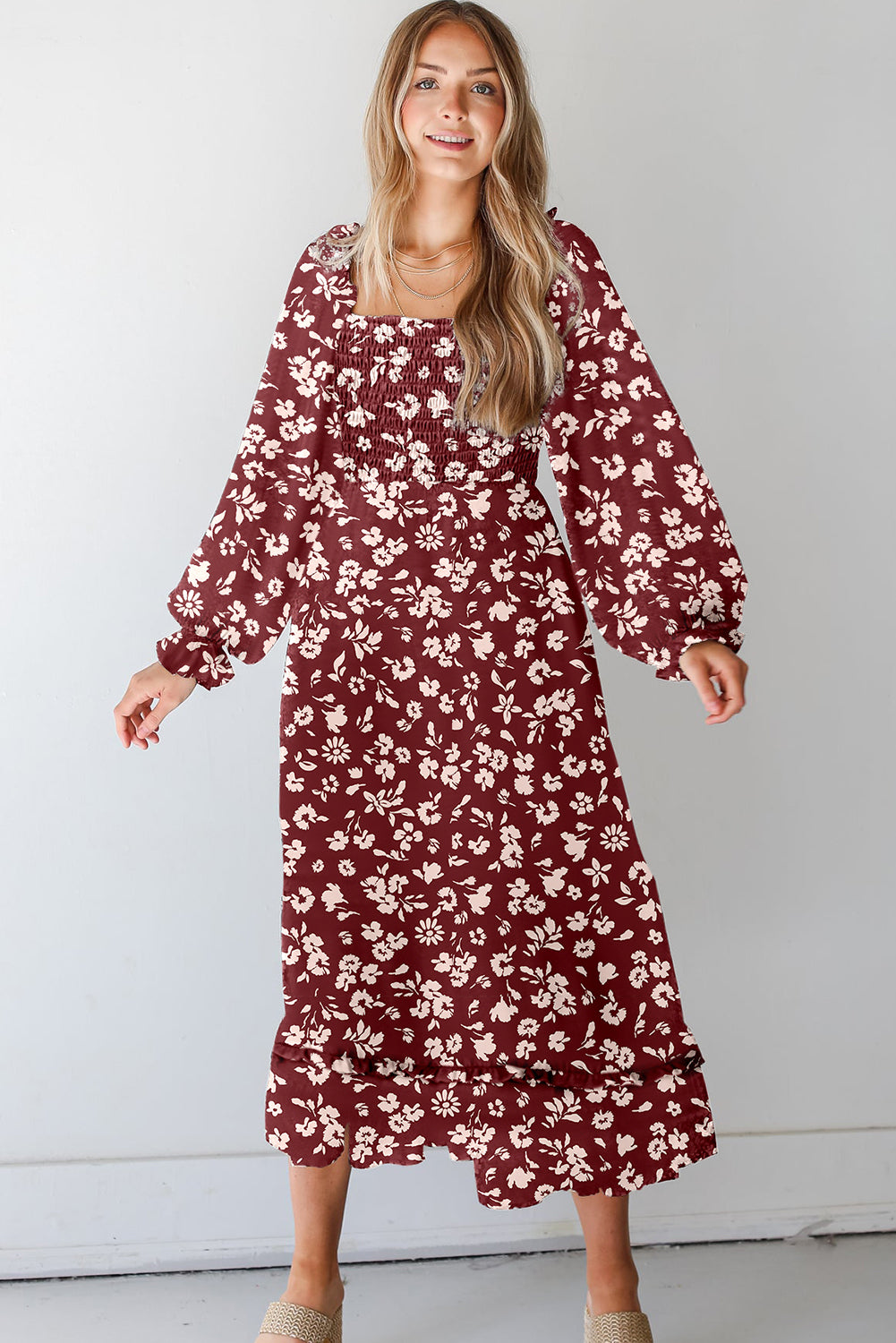 Red Floral Print Long Sleeve Square Neck Smocked Maxi Dress