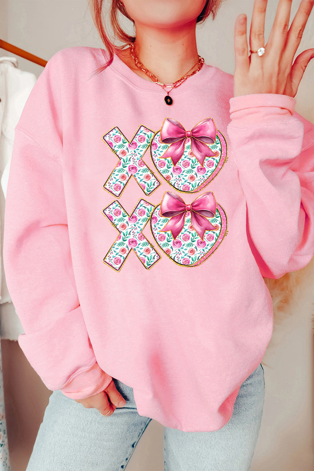 Pink Sweet Bow Floral Printed Valentines Day XOXO Sweatshirt