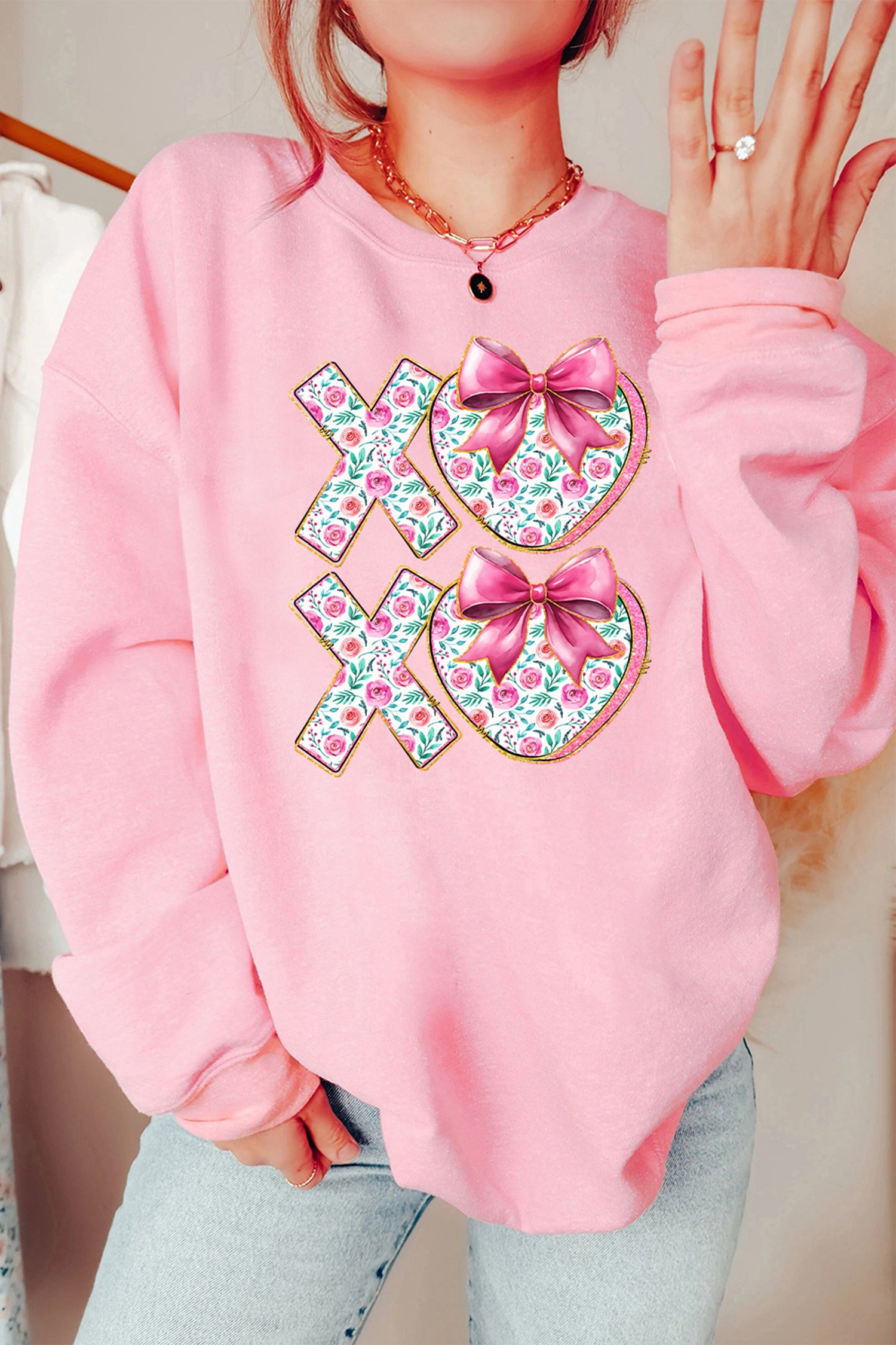 Pink Sweet Bow Floral Printed Valentines Day XOXO Sweatshirt