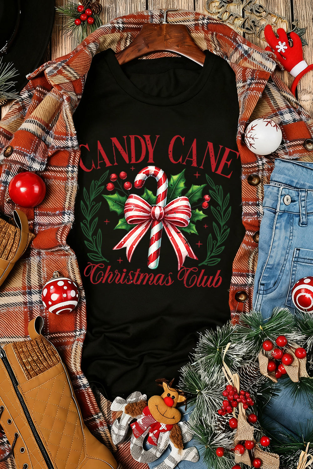Black Candy Cane Christmas Club Heat Transfer Printing T Shirt