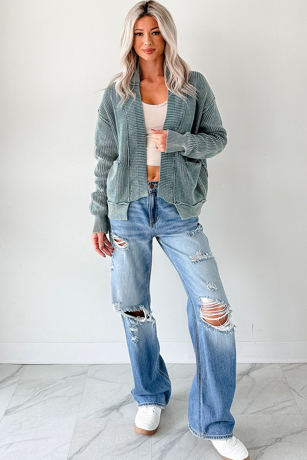 Evergreen Mineral Wash Exposed Seam Patchwork Knit Cardigan