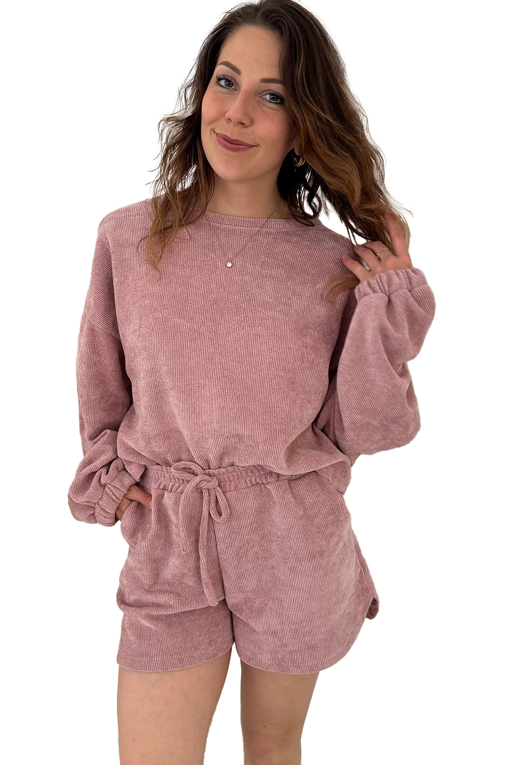 Fushia Textured Knit Drop Shoulder Pullover Drawstring Shorts Set