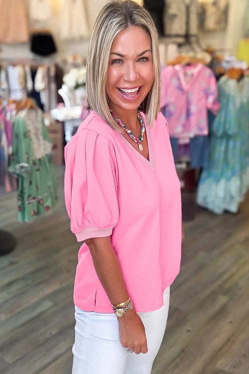 Chemisier Bonbon uni à col V et manches courtes bouffantes