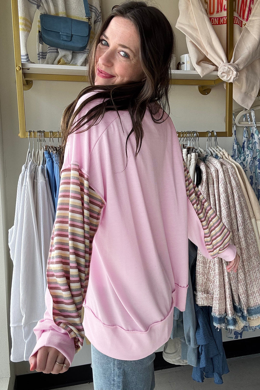Pink Striped Patchwork Button V Neck Pullover Sweatshirt