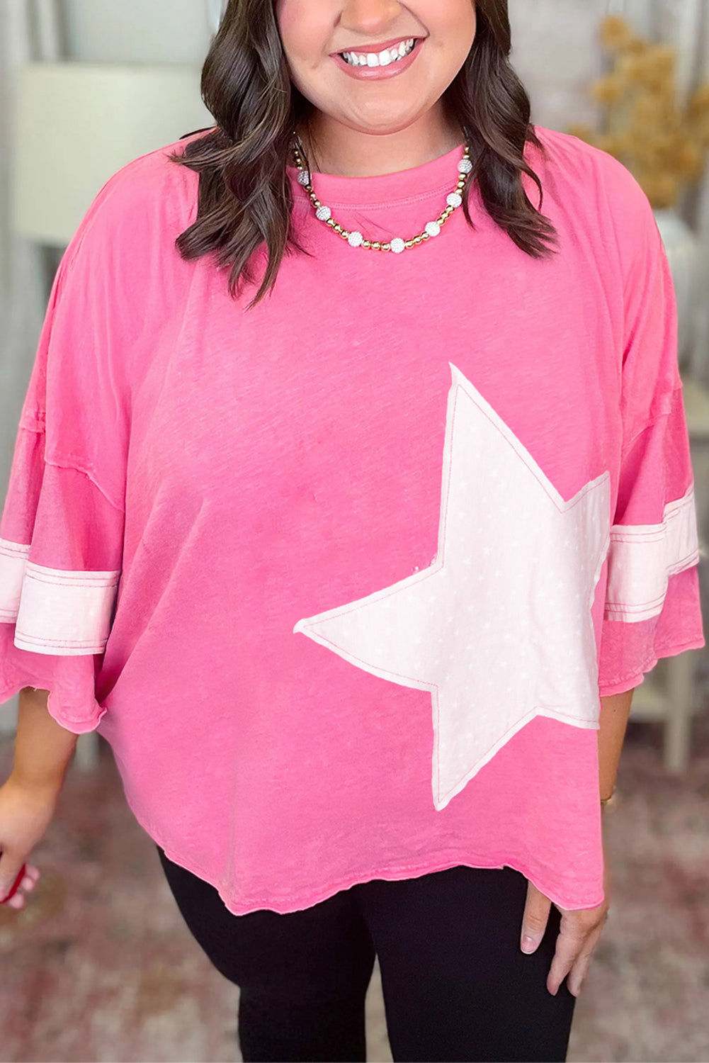Pink Raw Edge Frayed Star Patched Plus Size Top
