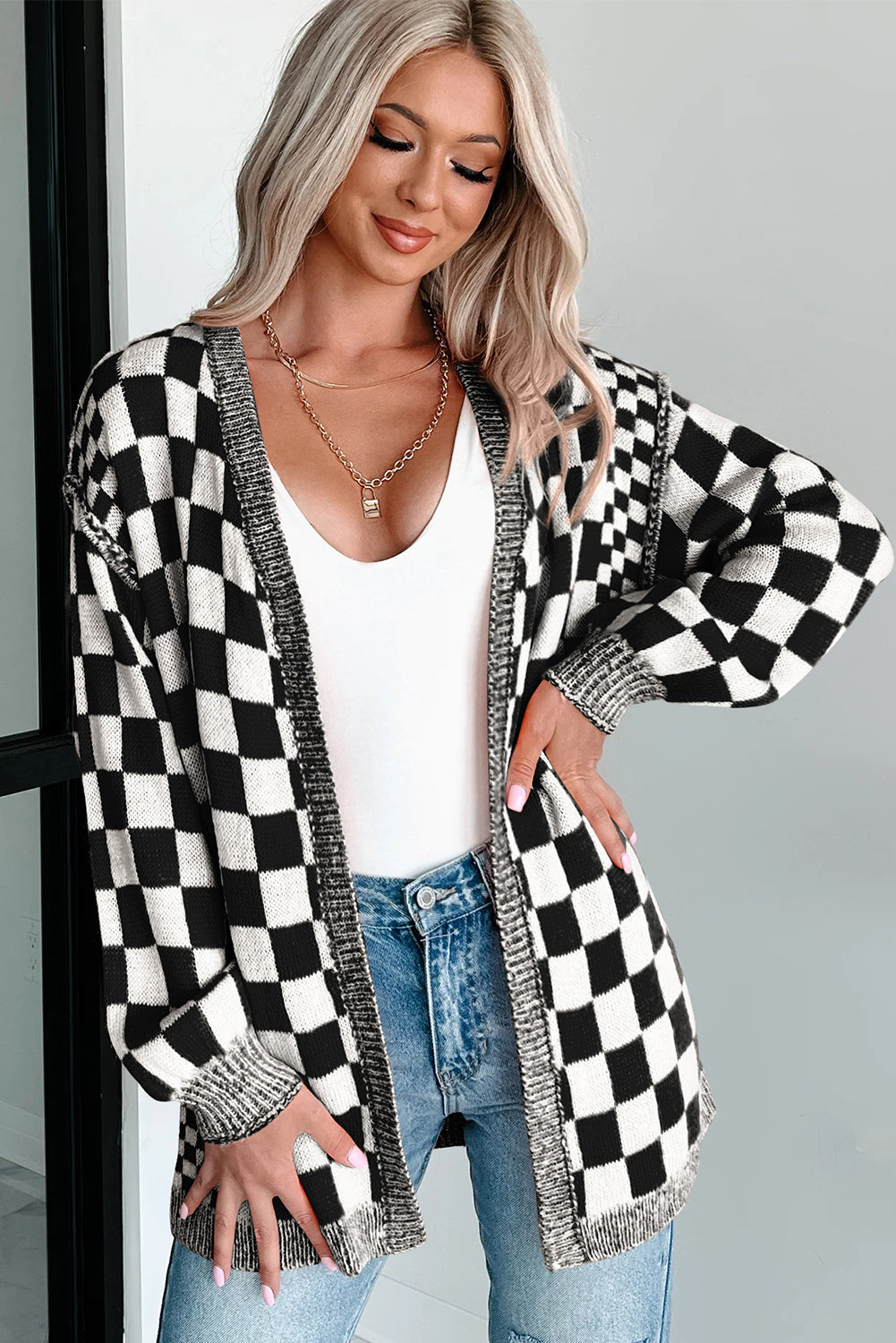 Brown Checkered Open Front Drop Shoulder Cardigan