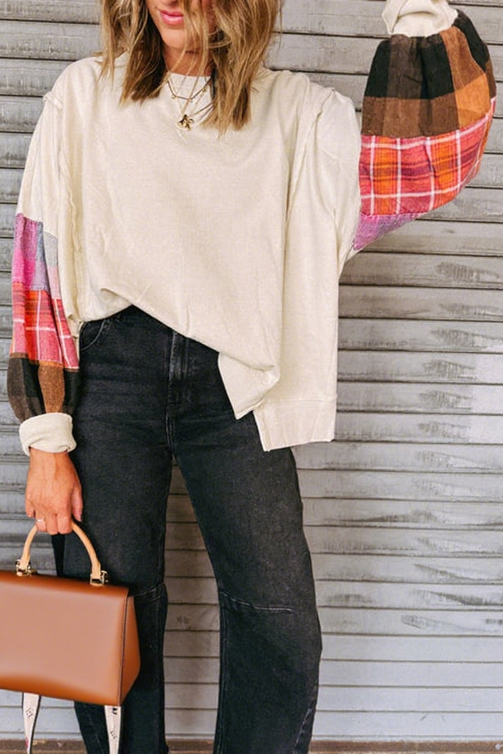 Beige Plaid Patchwork Long Sleeve Exposed Seam Loose Top