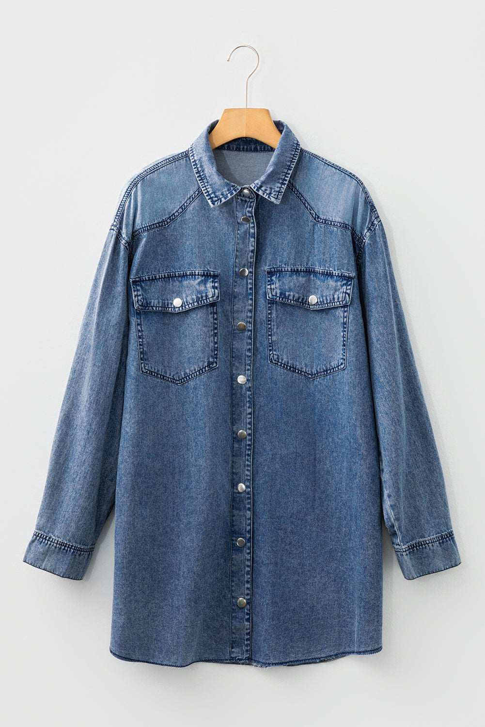 Blue Chest Pocket Raw Hem Denim Loose Shirt Dress