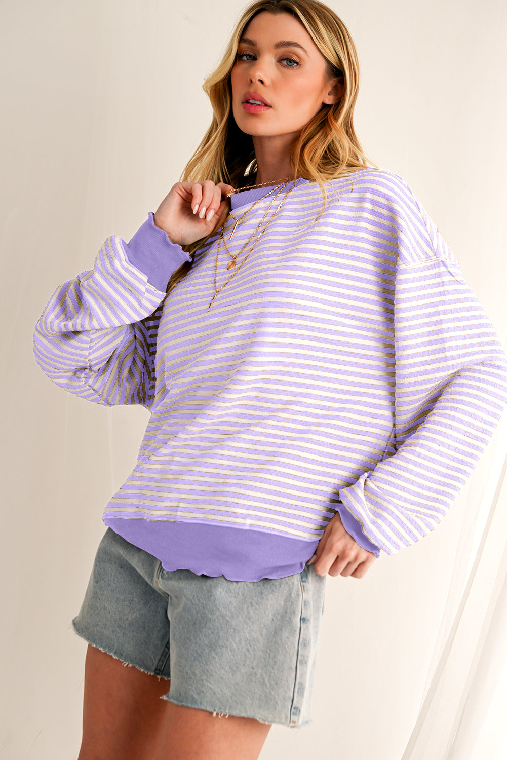Brown Stripe Drop Shoulder Long Sleeve Top