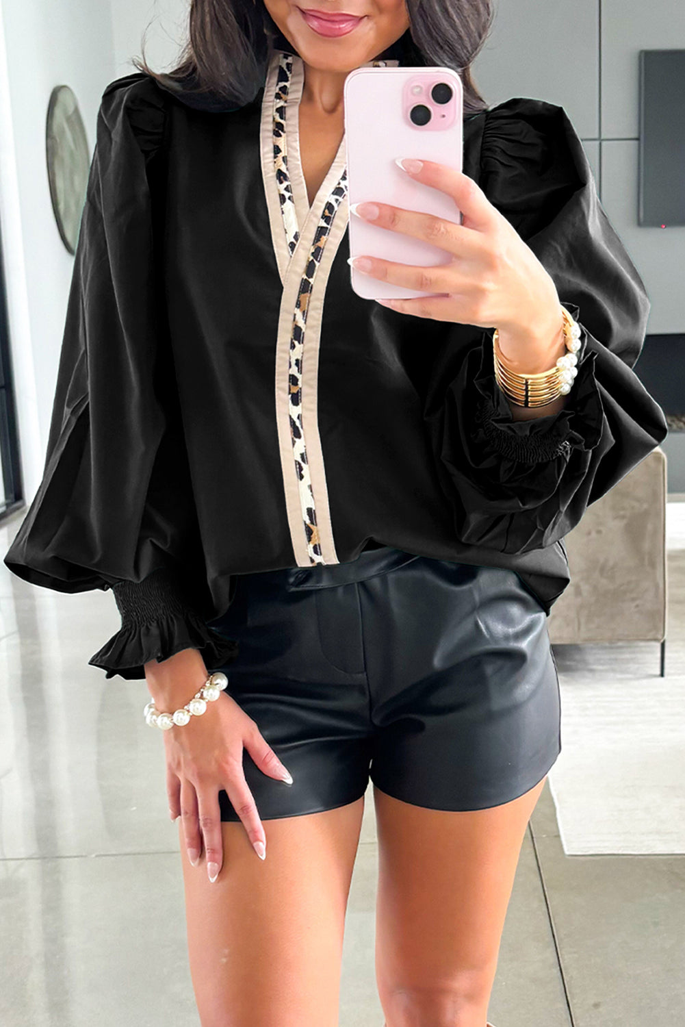 Black Smocked Puff Sleeve Leopard Trim V Neck Blouse