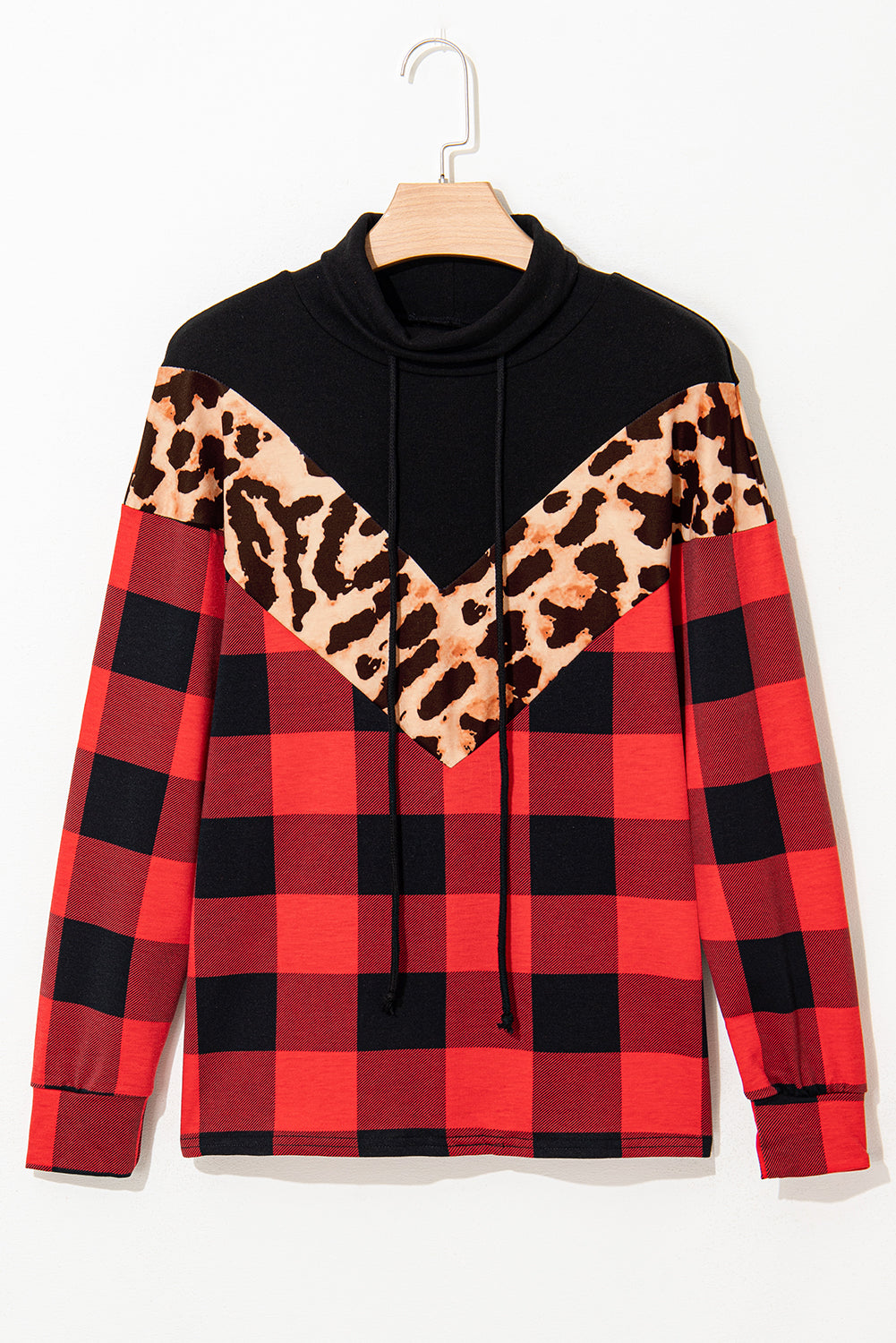 Red Casual Chevron Plaid Leopard Patchwork Sweatshirt