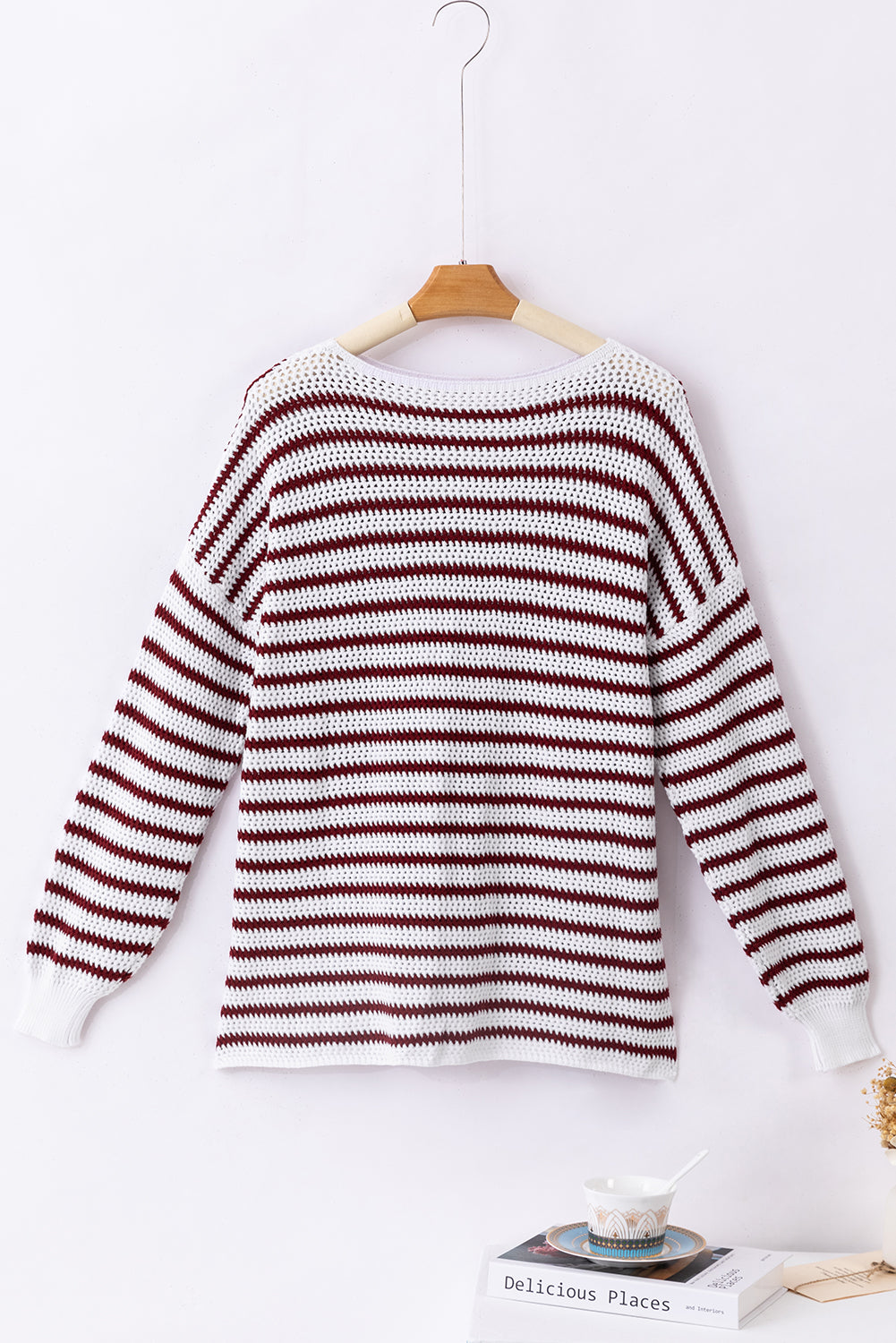 Fiery Red Striped Knit Split Hem Baggy Sweater