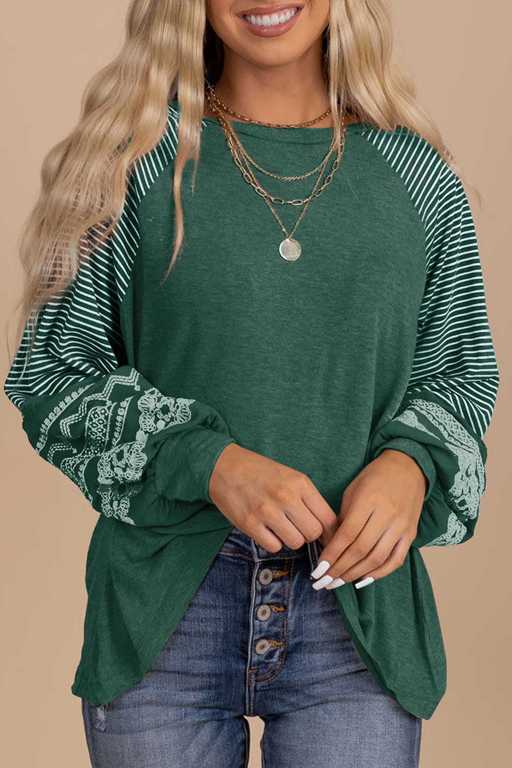 Medium Grey Contrast Print Striped Raglan Long Sleeve Loose Top