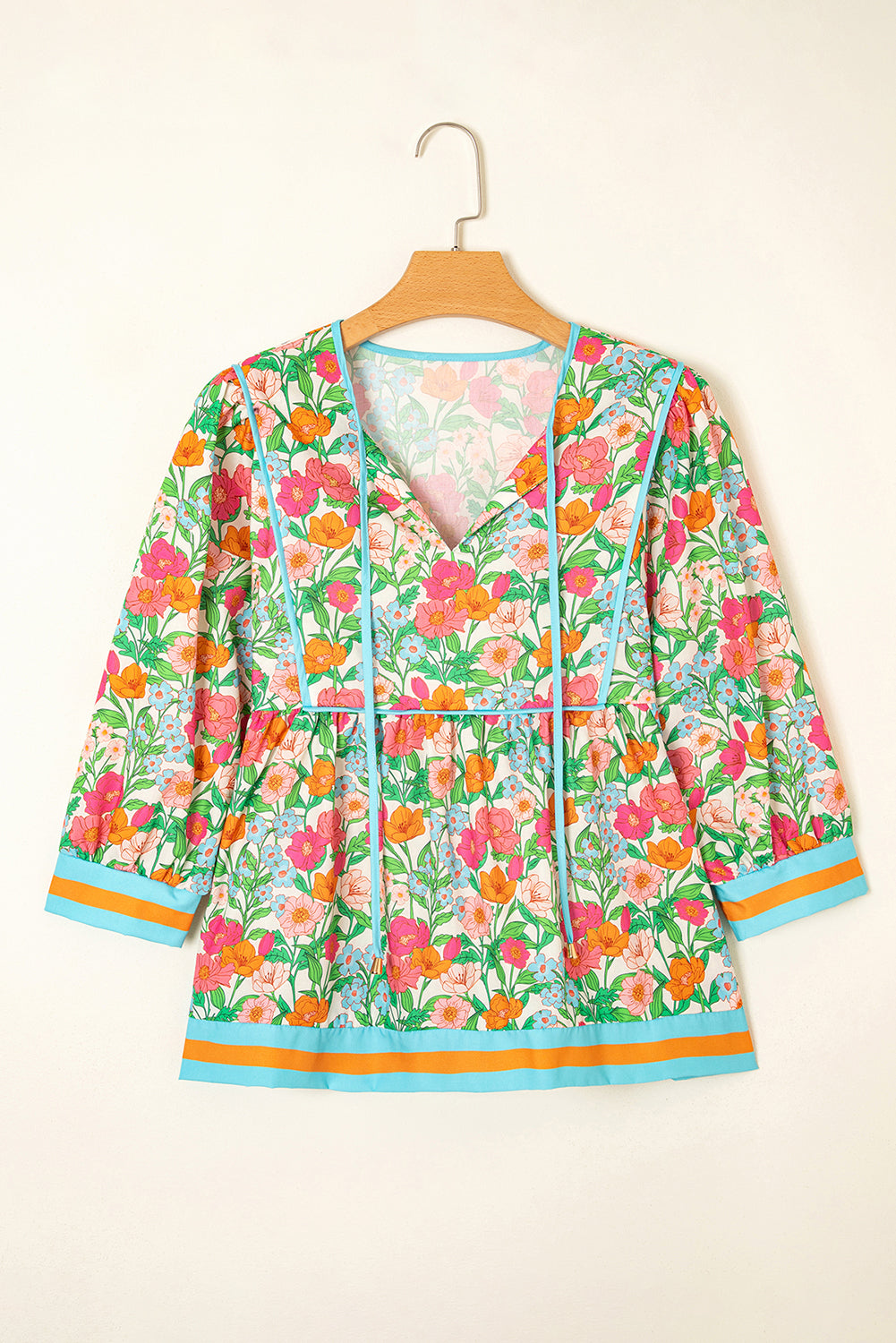 Green Floral Print Striped Trim Puff Sleeve Babydoll Blouse