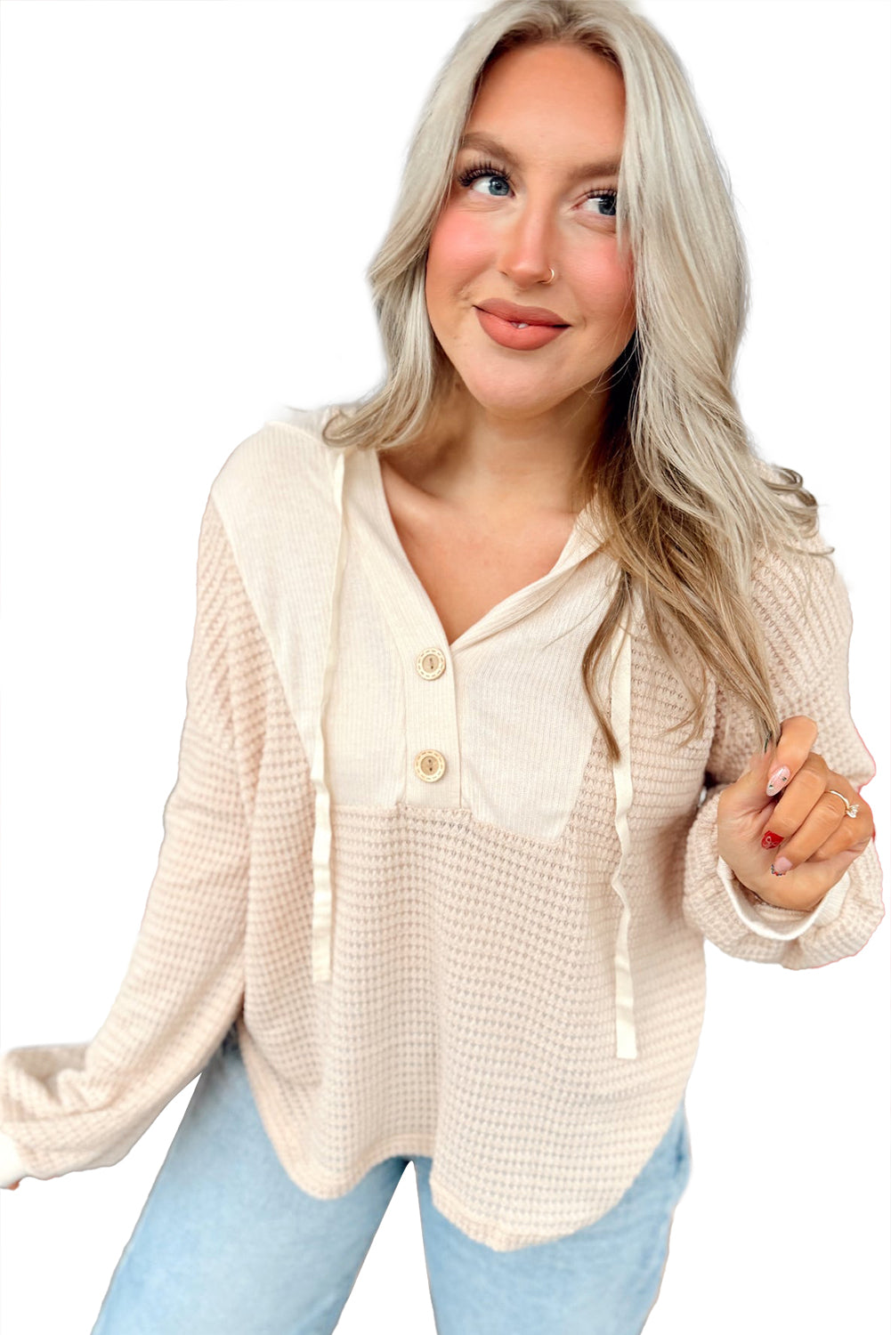 Top de manga larga con capucha y hombros caídos con patchwork de gofres de avena