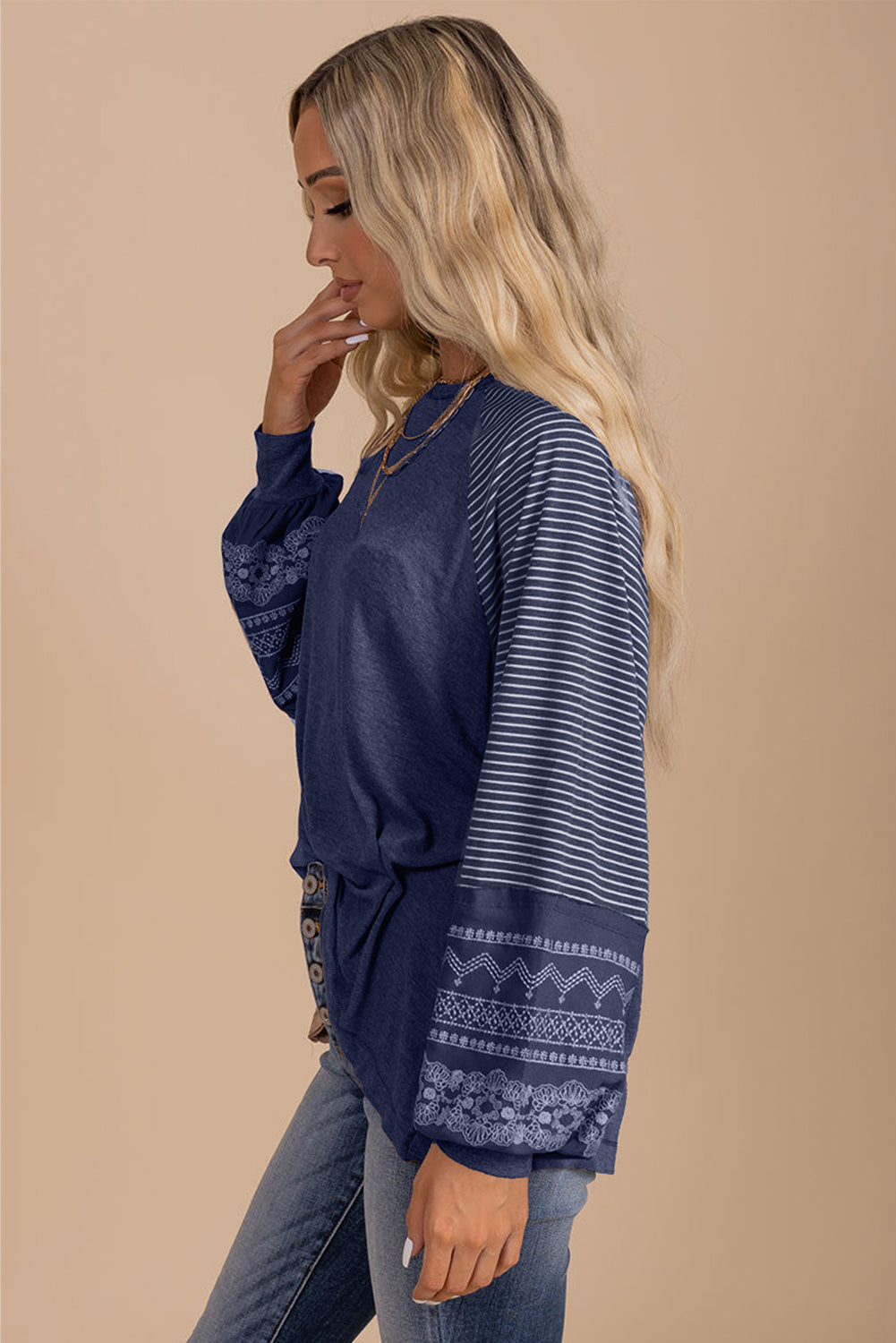 Medium Grey Contrast Print Striped Raglan Long Sleeve Loose Top