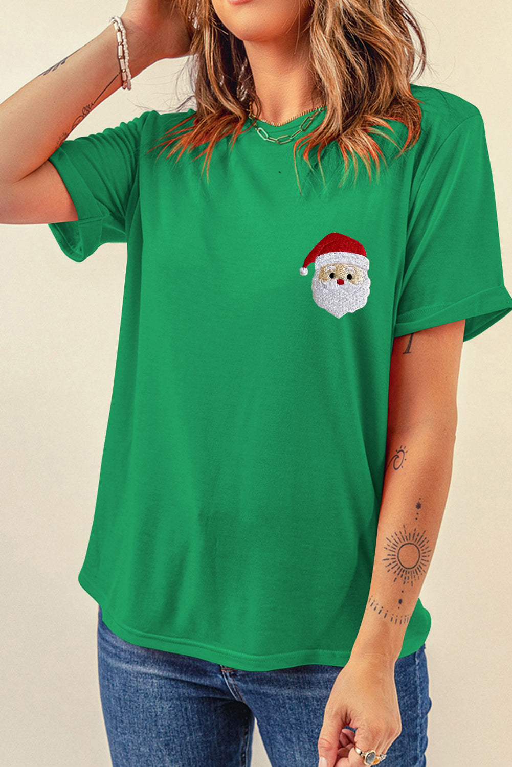 Bright Green Santa Clause Embroidered T Shirt