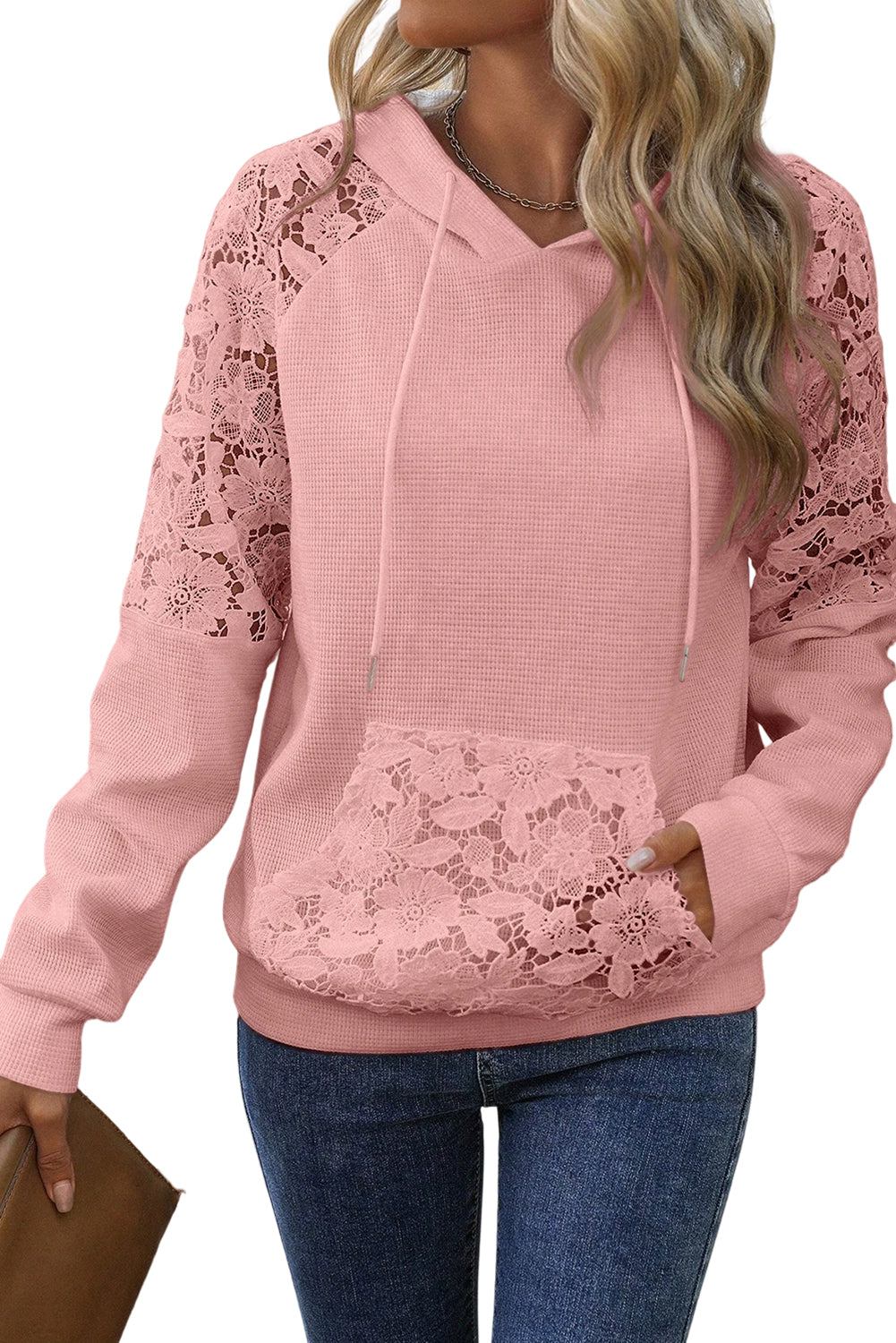 Gossamer Pink Lace Patchwork Raglan Sleeve Kangaroo Pocket Waffle Hoodie