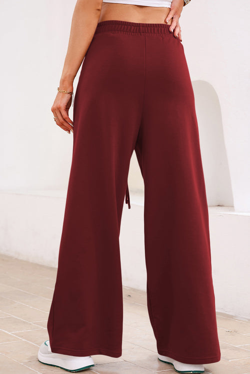 Pantalon de survêtement bordeaux uni à taille haute élastique et détails plissés