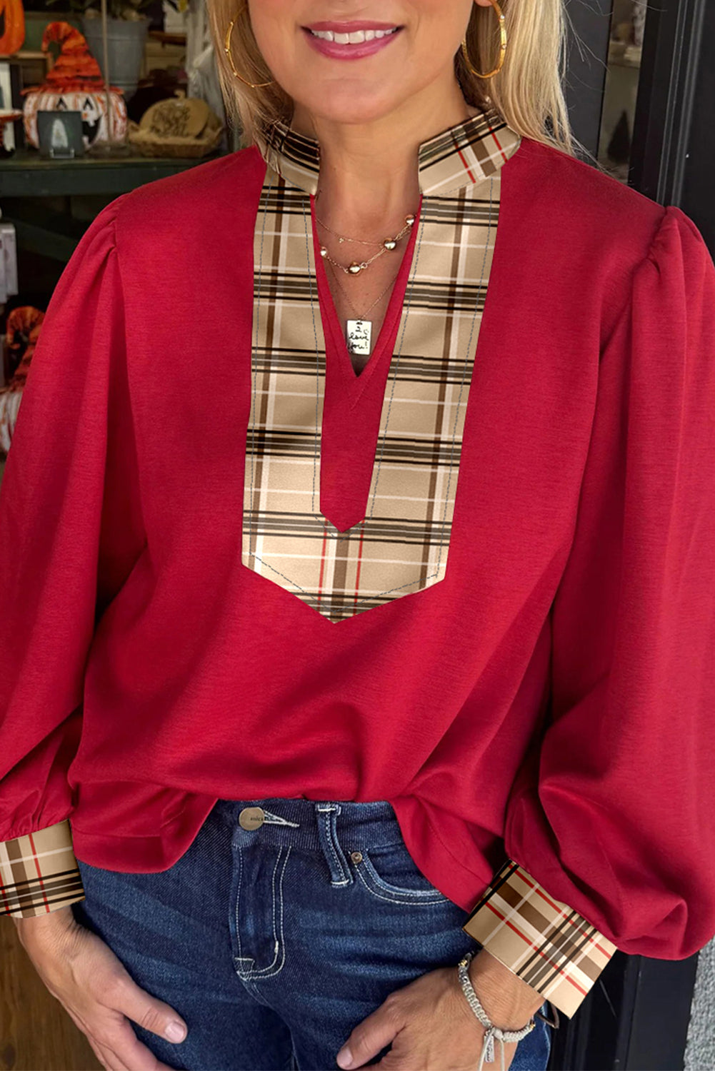 Racing Red Contrast Plaid Patchwork V Neck Long Sleeve Blouse